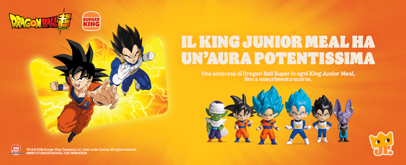 Burger king x dragon ball super italia, king junior meal con figure da collezione