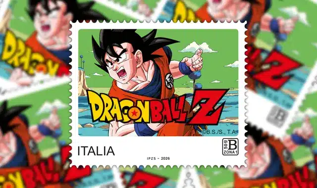 Francobollo dragon ball z della giornata della filatelia 2026 con son goku
